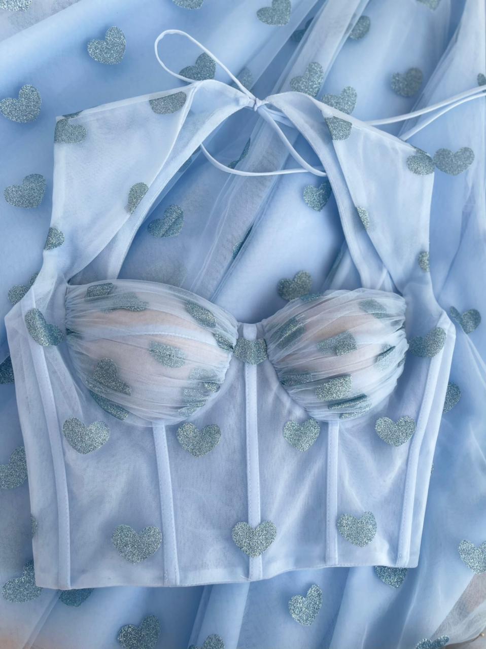 Blue two piece dress with straps and hearty fabric