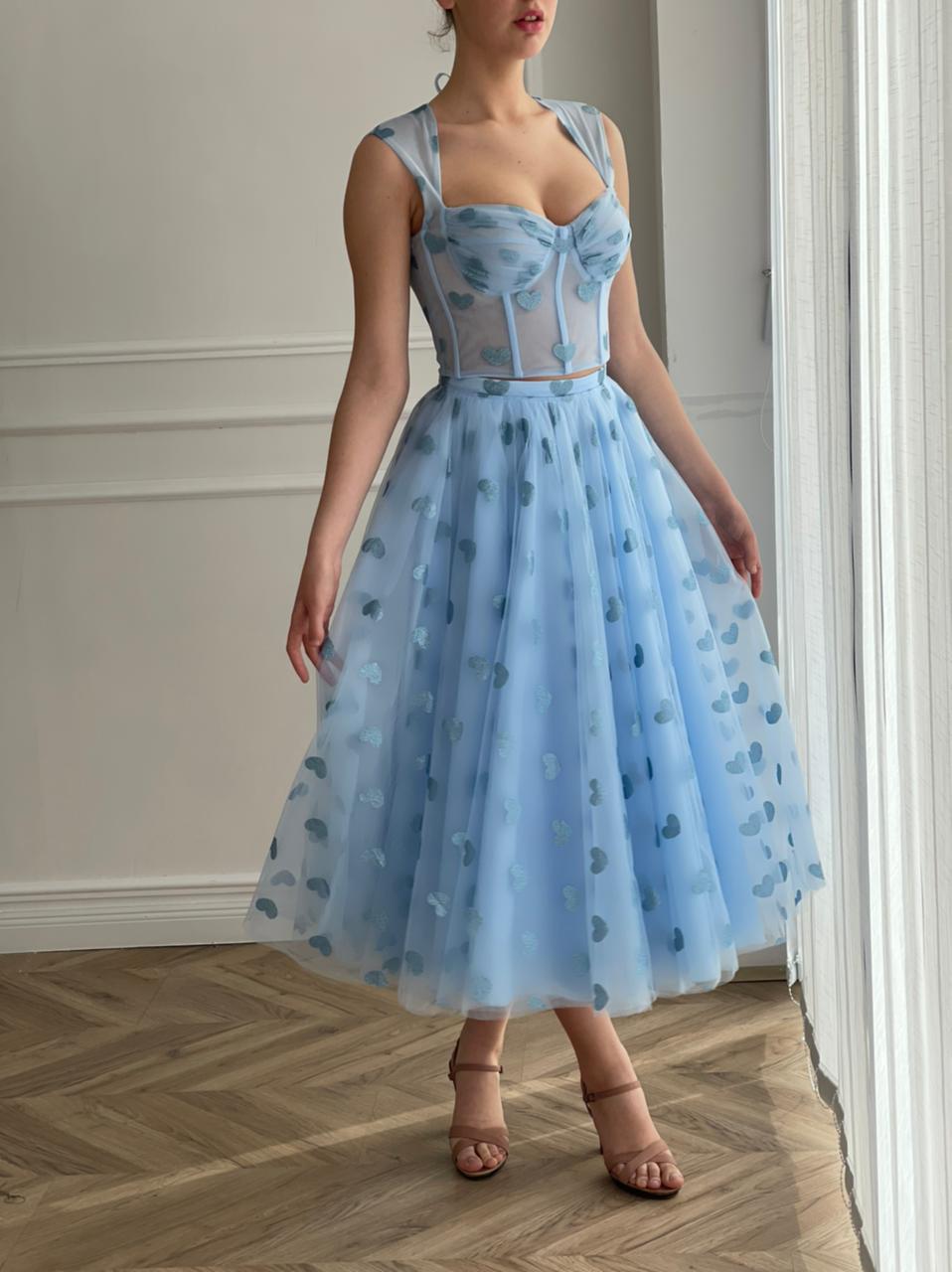Blue two piece dress with straps and hearty fabric