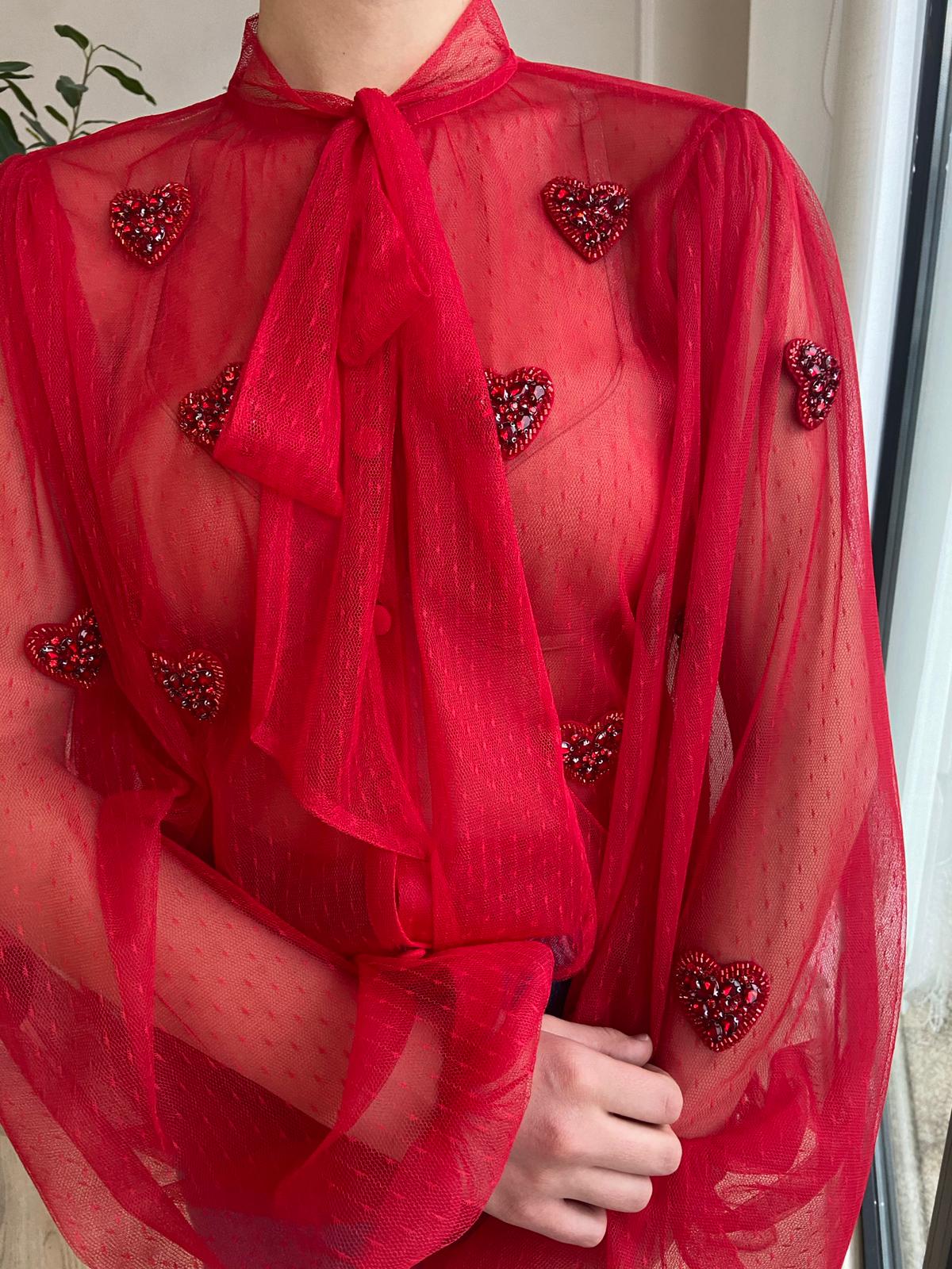 Red blouse with embroidered hearts