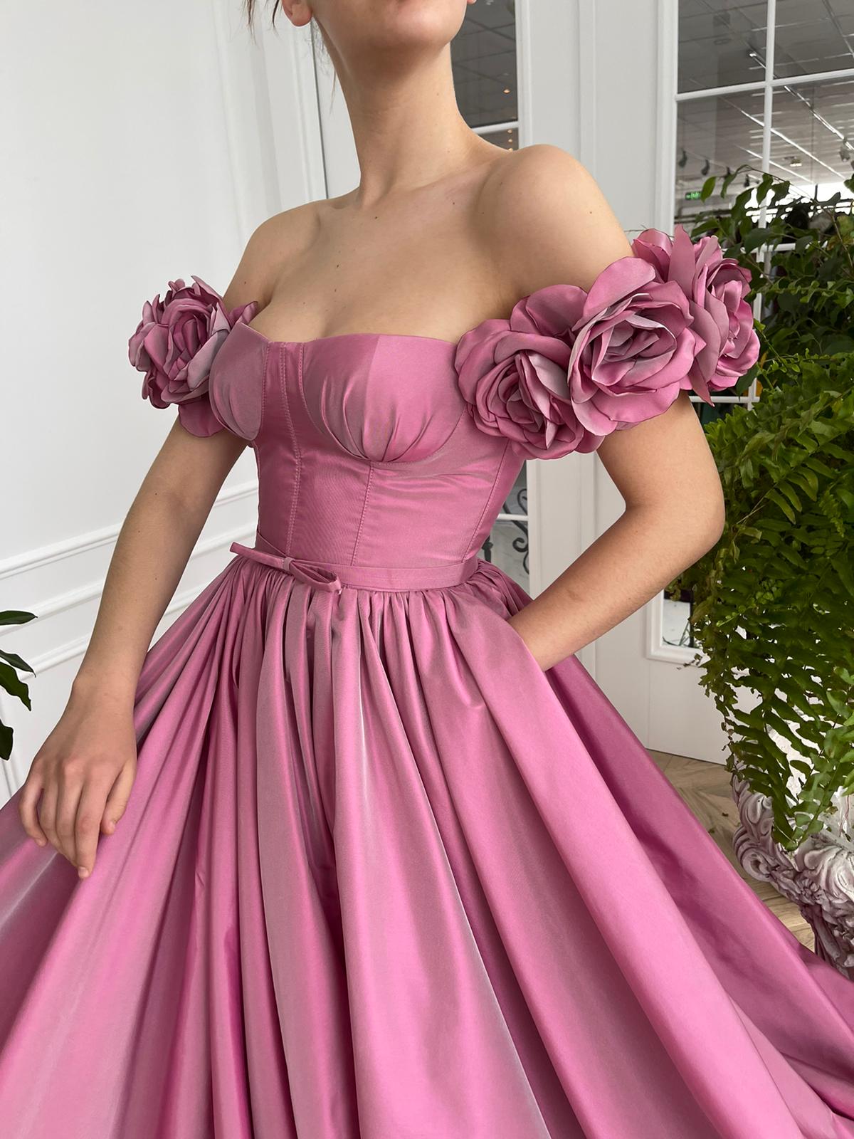 Pink A-Line dress with off the shoulder sleeves and embroidery