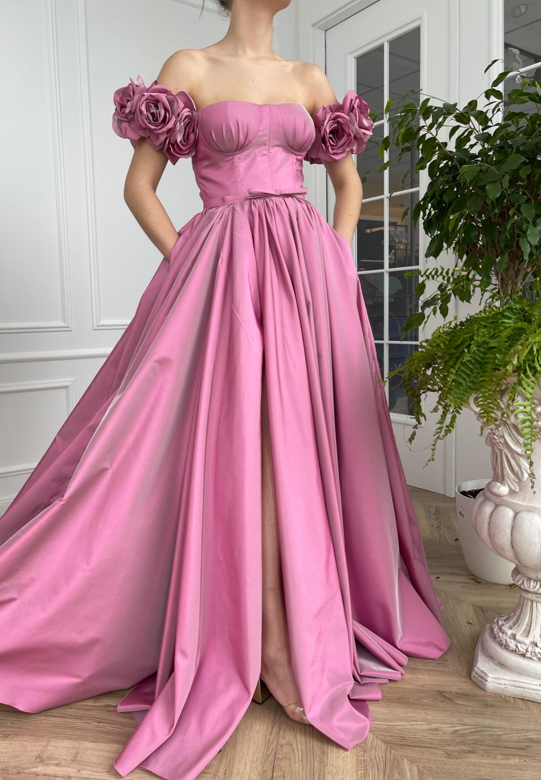Pink A-Line dress with off the shoulder sleeves and embroidery