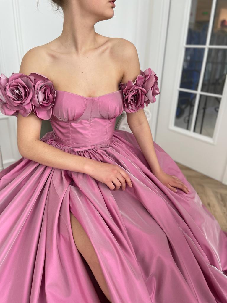 Pink A-Line dress with off the shoulder sleeves and embroidery
