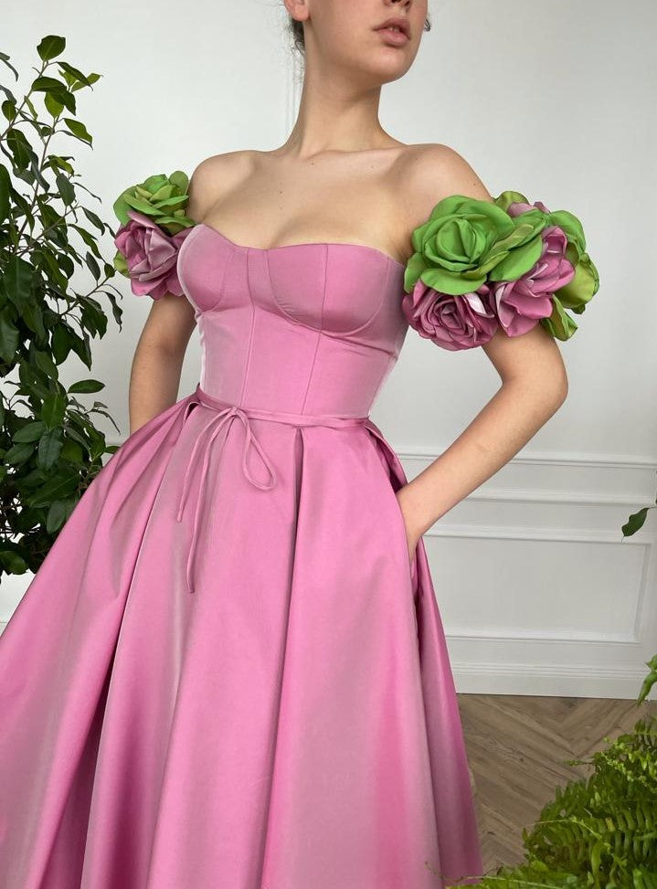 Pink midi dress with off the shoulder sleeves and embroidery