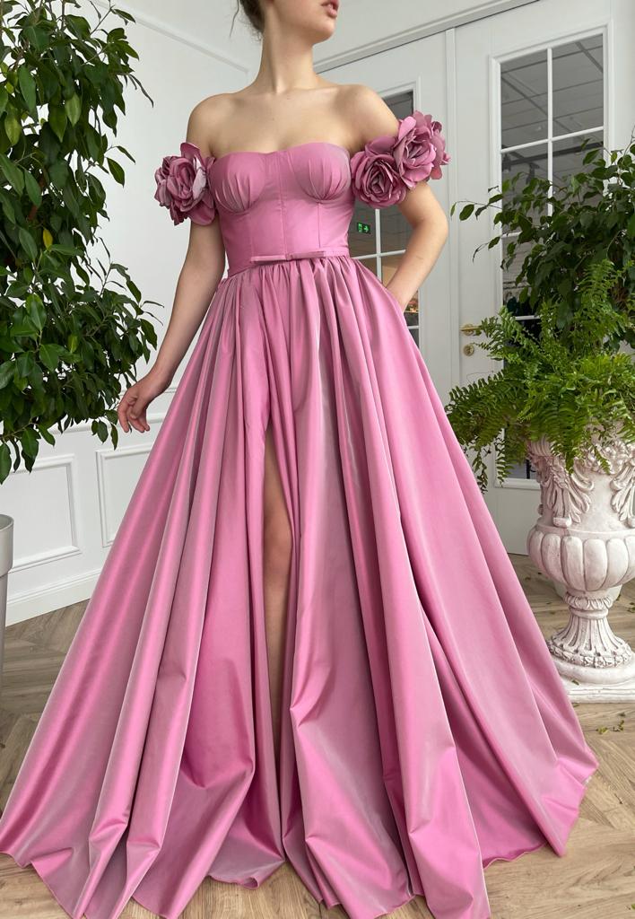 Pink A-Line dress with off the shoulder sleeves and embroidery