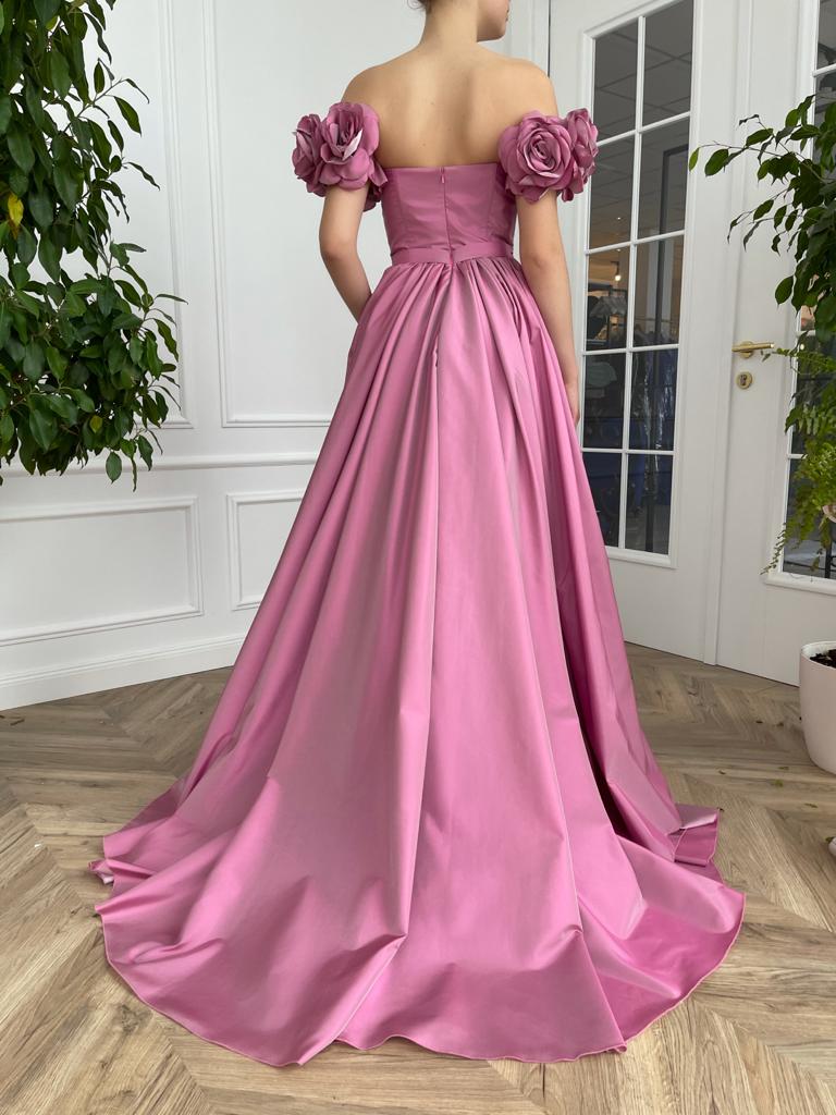 Pink A-Line dress with off the shoulder sleeves and embroidery