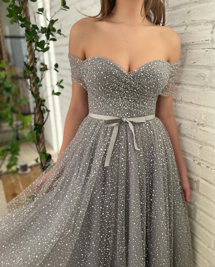 Grey midi dress with off the shoulder sleeves