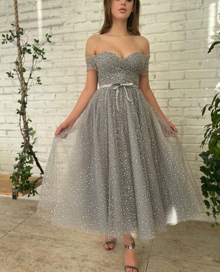 Grey midi dress with off the shoulder sleeves