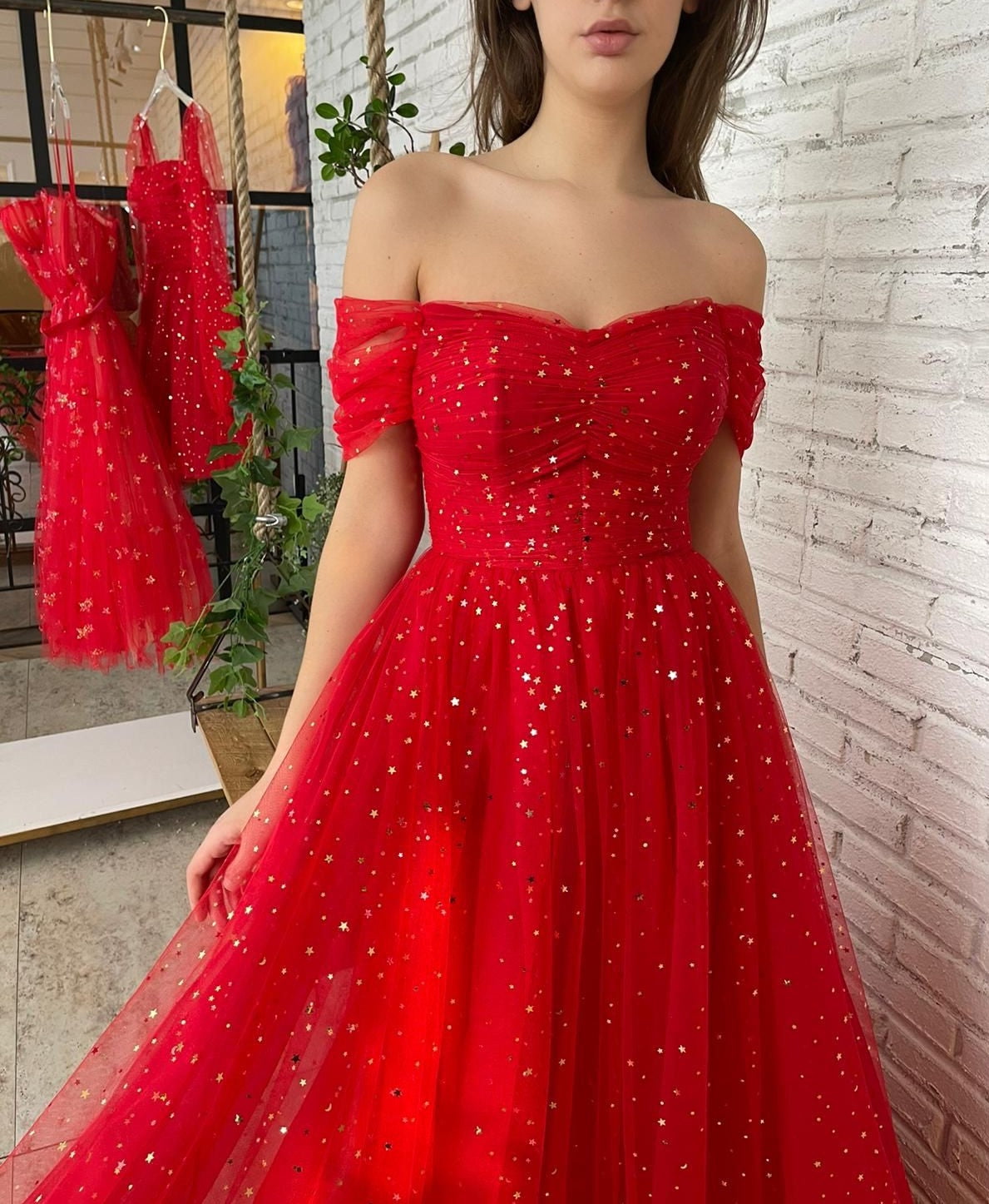 Red A-Line dress with off the shoulder sleeves and starry fabric