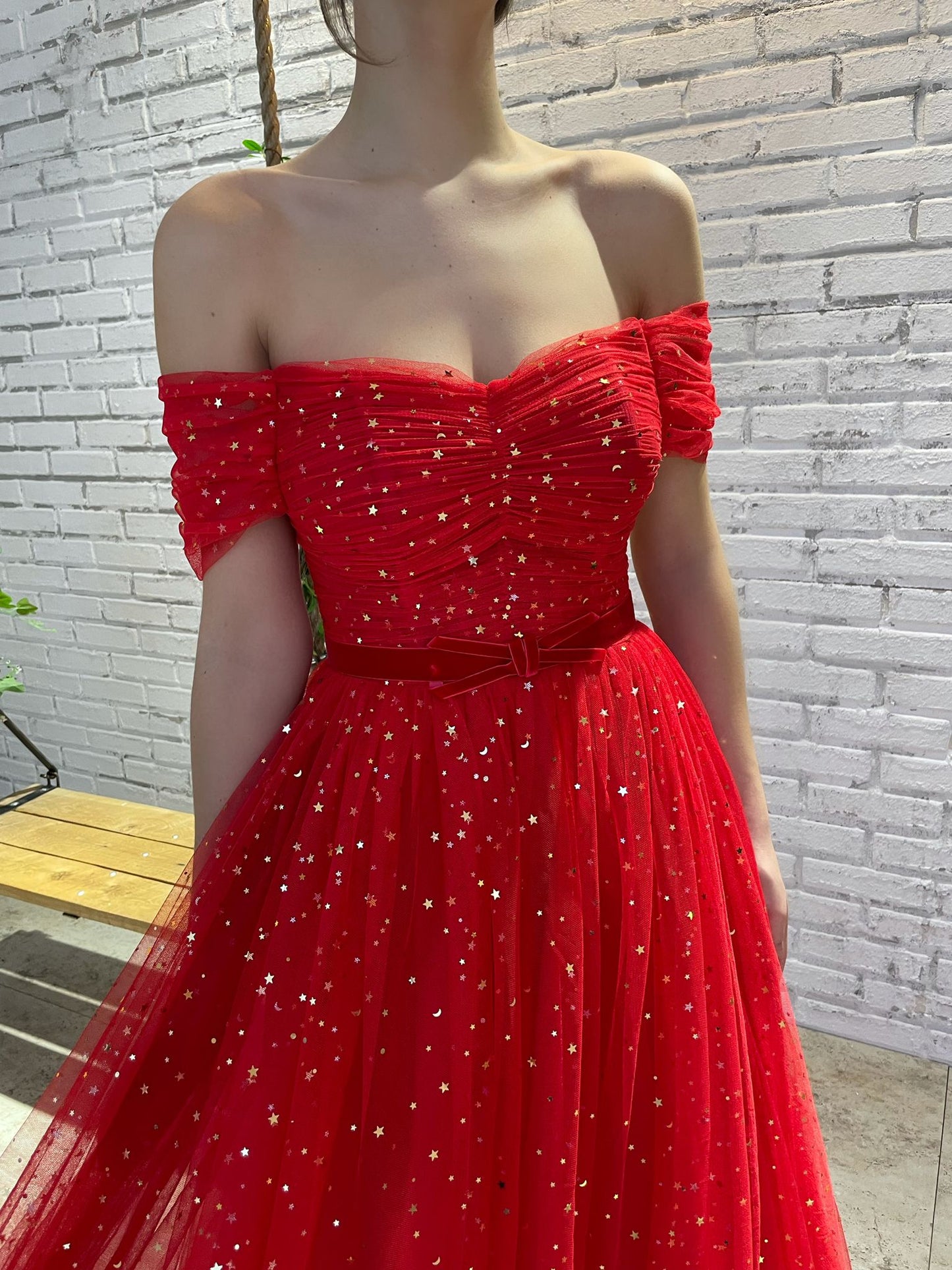 Red A-Line dress with off the shoulder sleeves and starry fabric