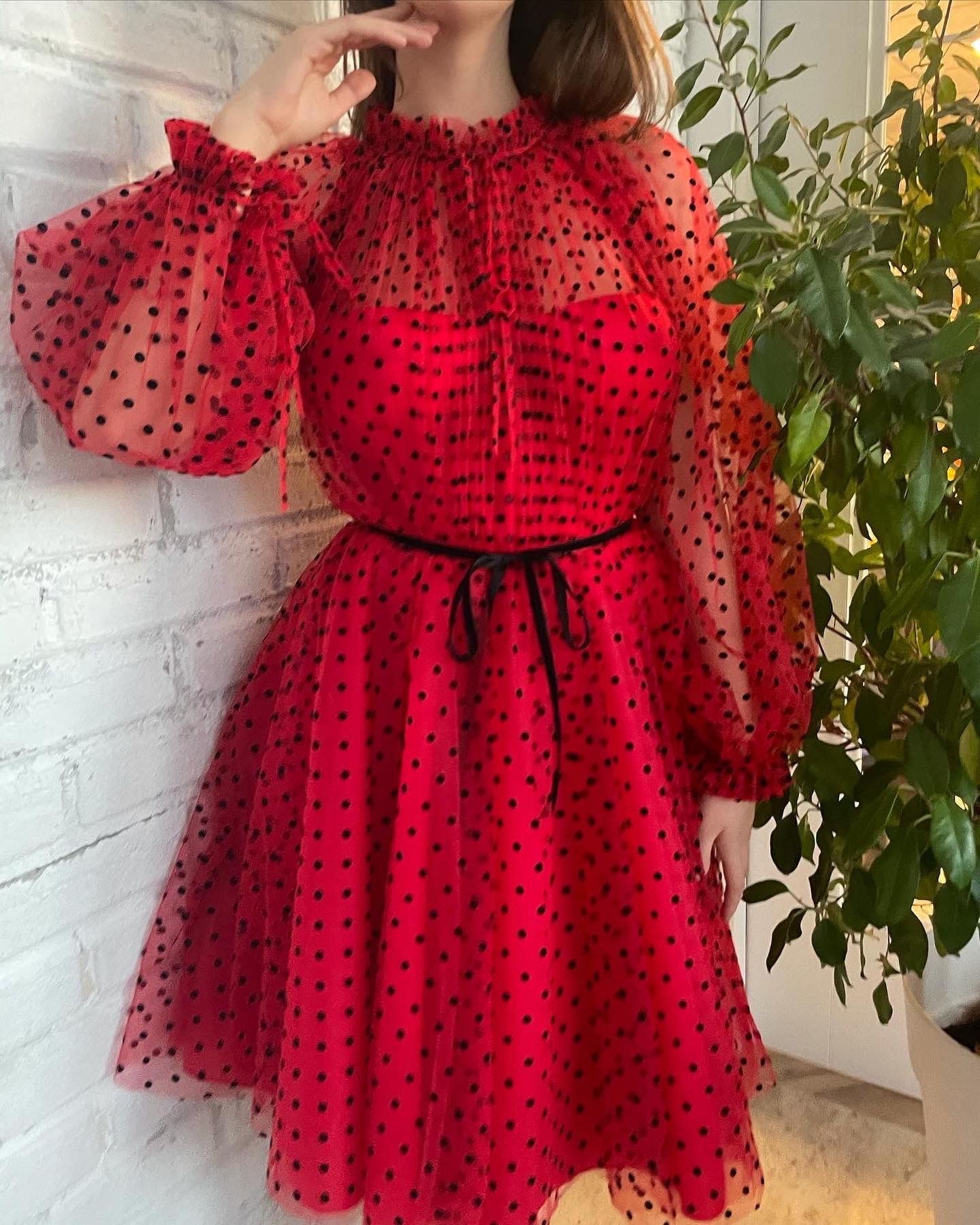 Red mini dotted dress with long sleeves