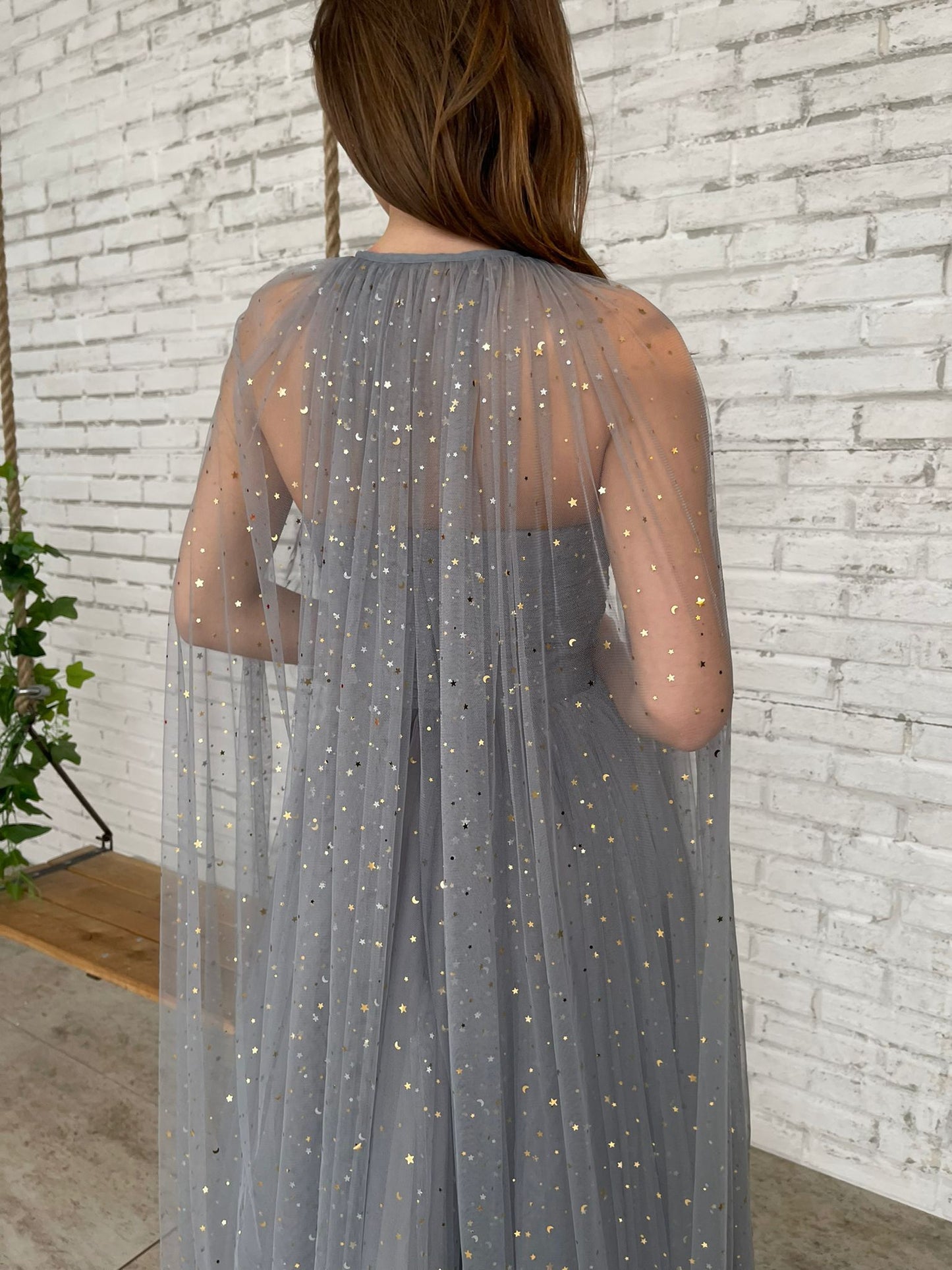 Grey midi dress with starry fabric and cape