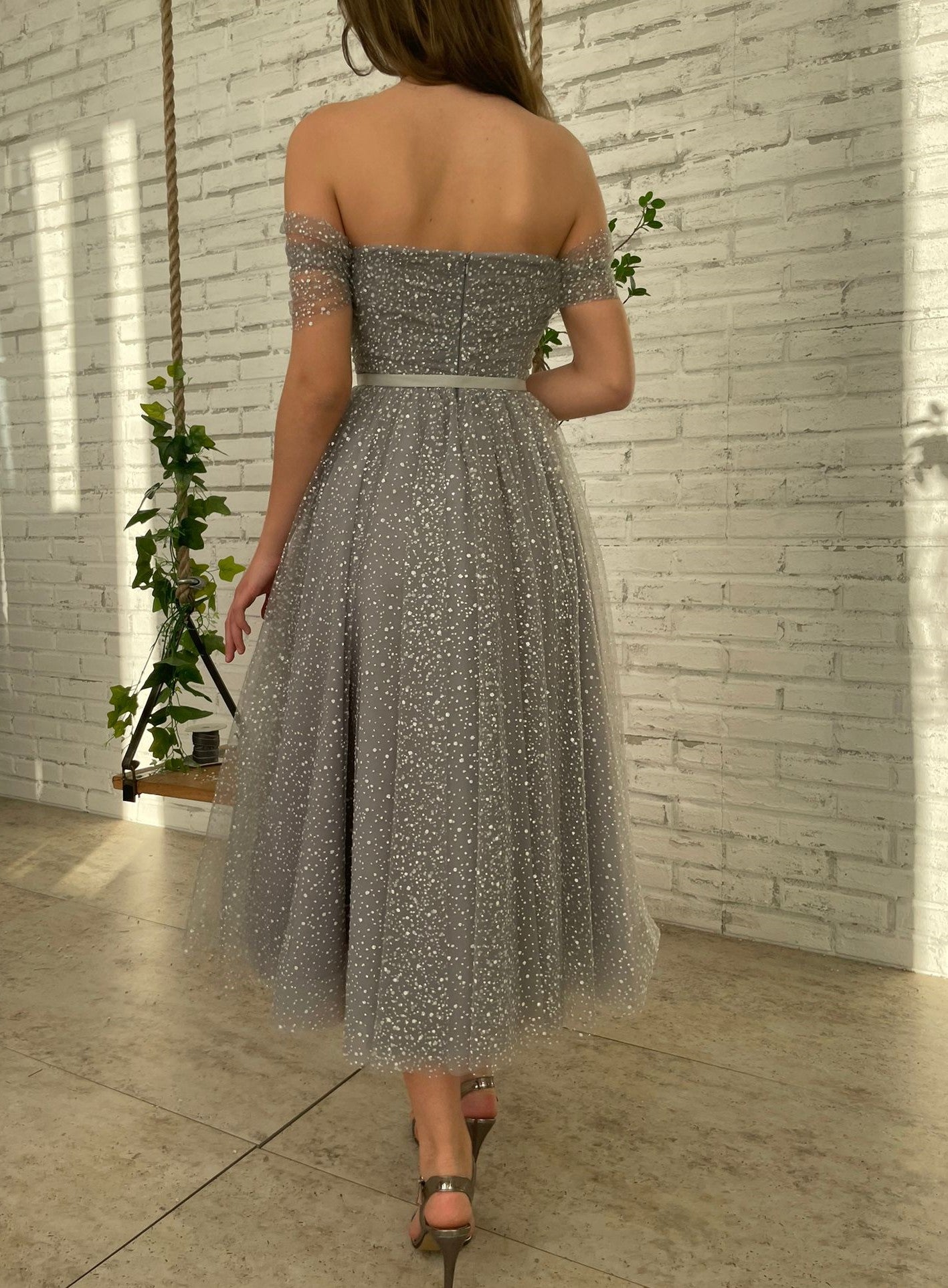 Grey midi dress with off the shoulder sleeves
