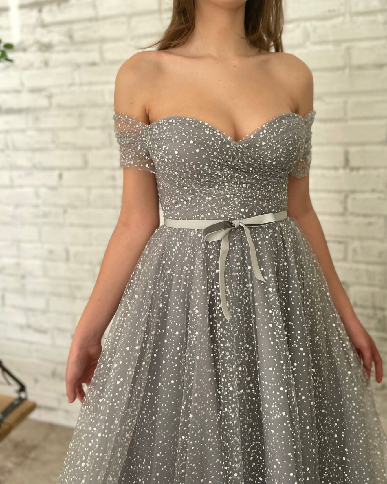 Grey midi dress with off the shoulder sleeves