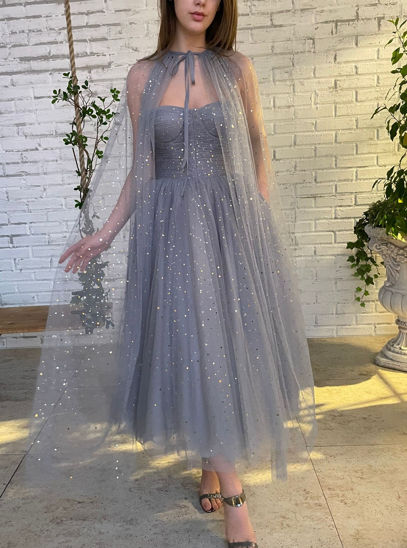 Grey midi dress with starry fabric and cape