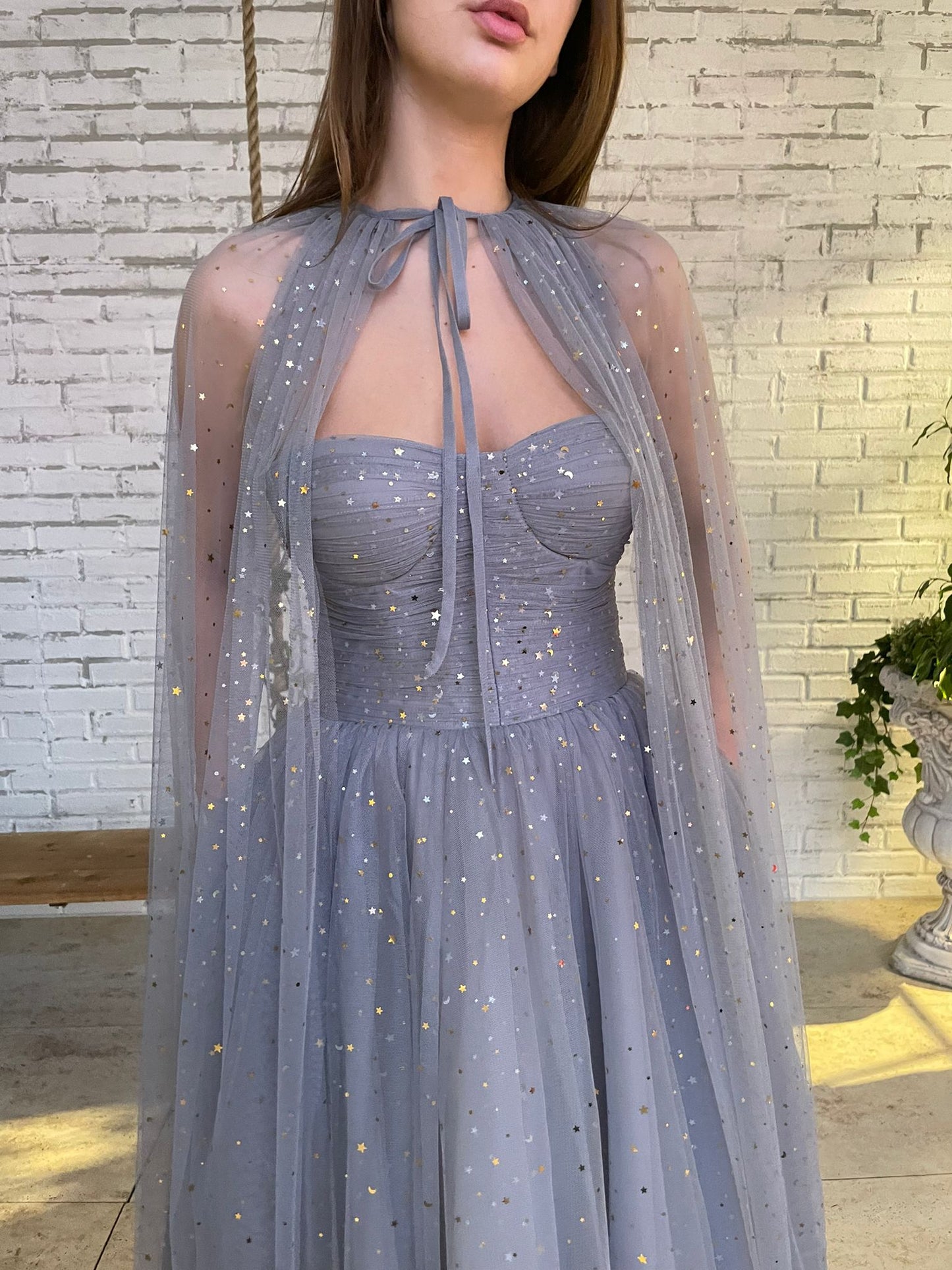 Grey midi dress with starry fabric and cape