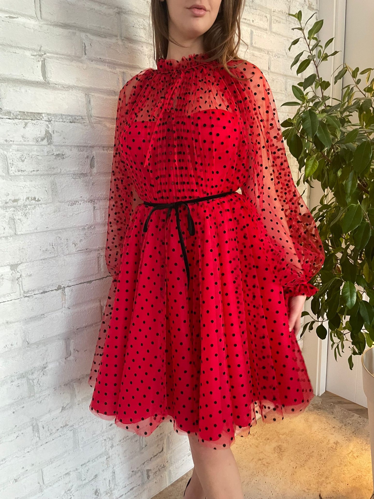 Red mini dotted dress with long sleeves