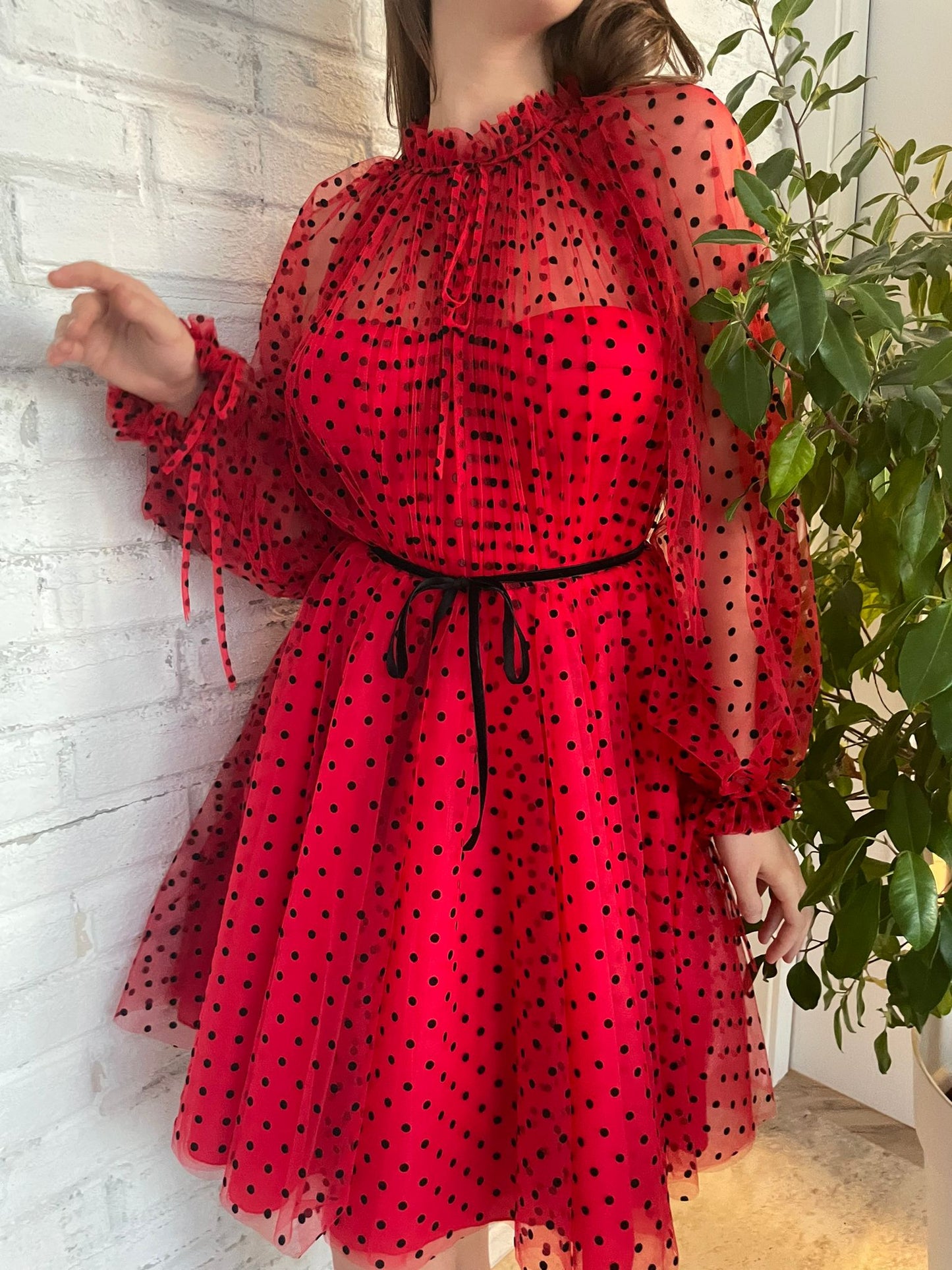 Red mini dotted dress with long sleeves