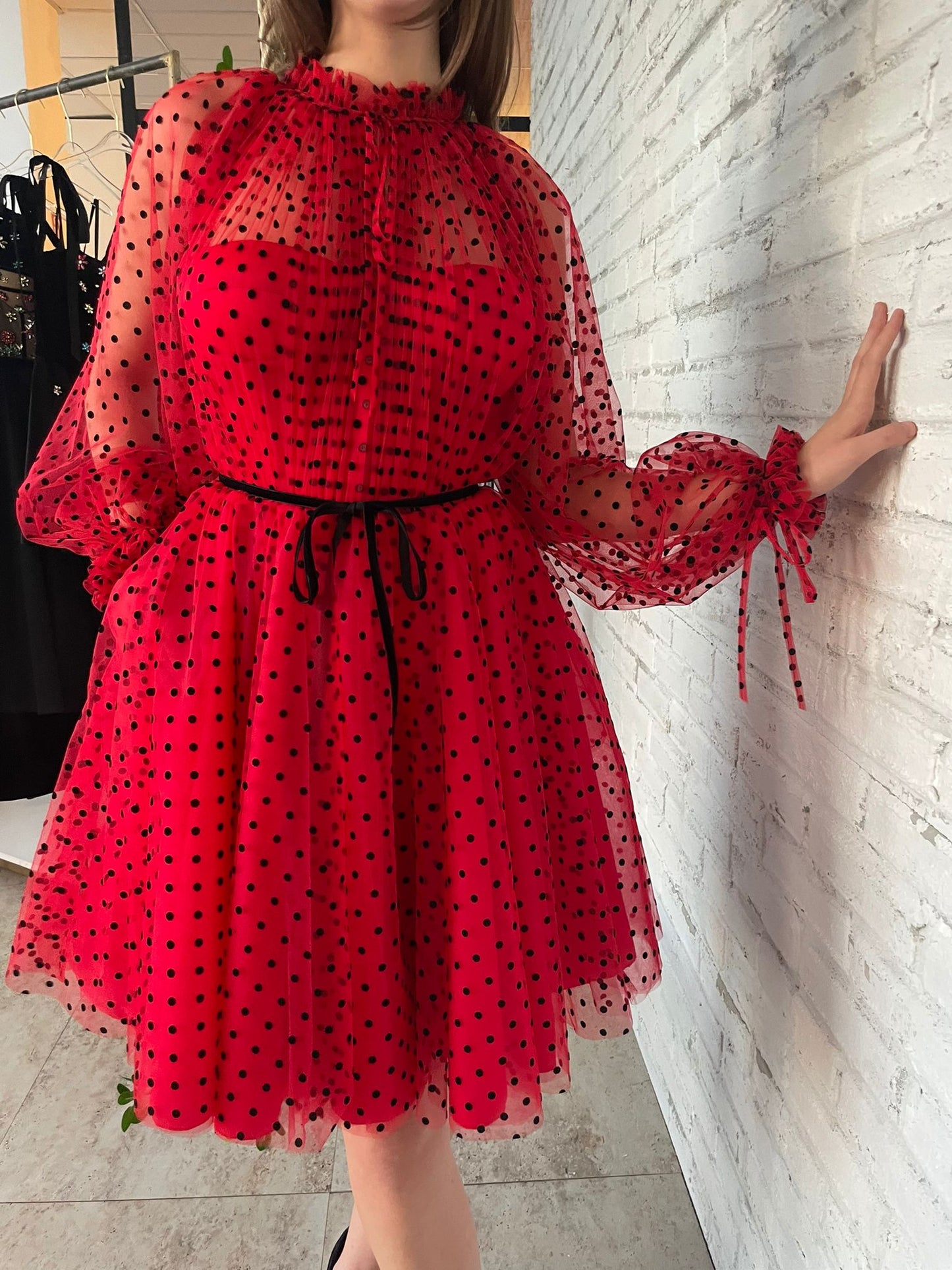 Red mini dotted dress with long sleeves