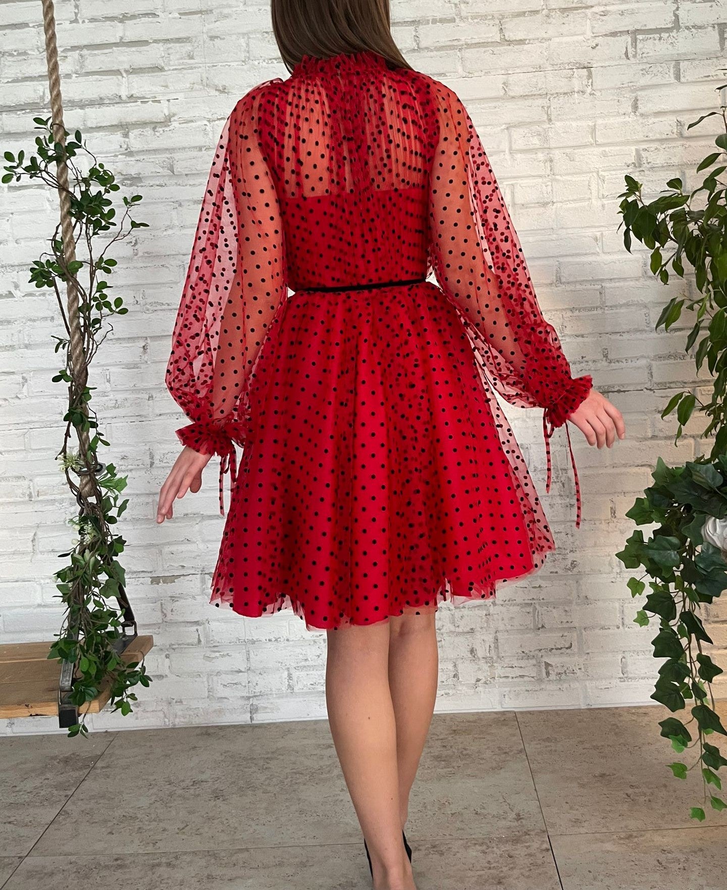 Red mini dotted dress with long sleeves