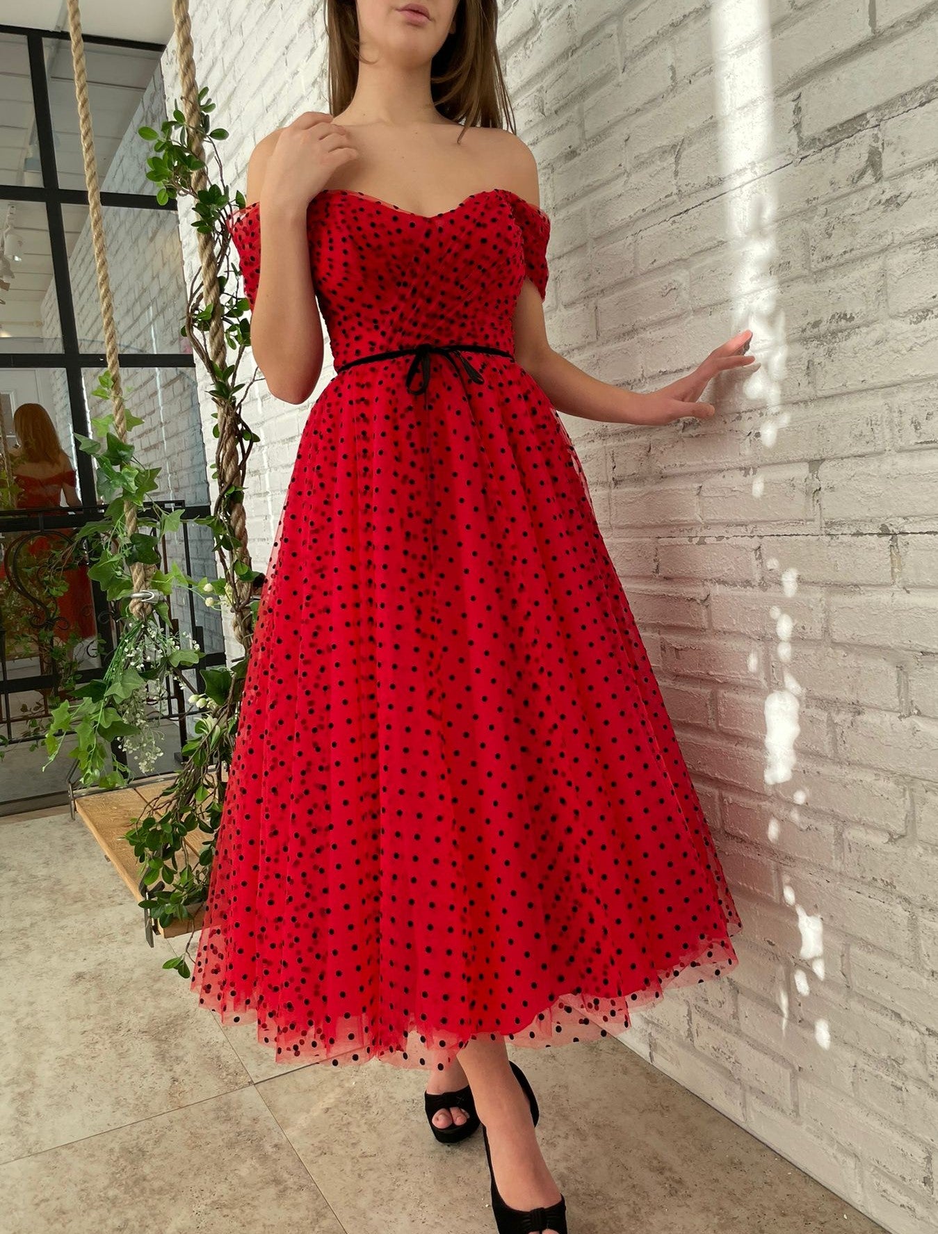 Red midi dotted dress with off the shoulder sleeves