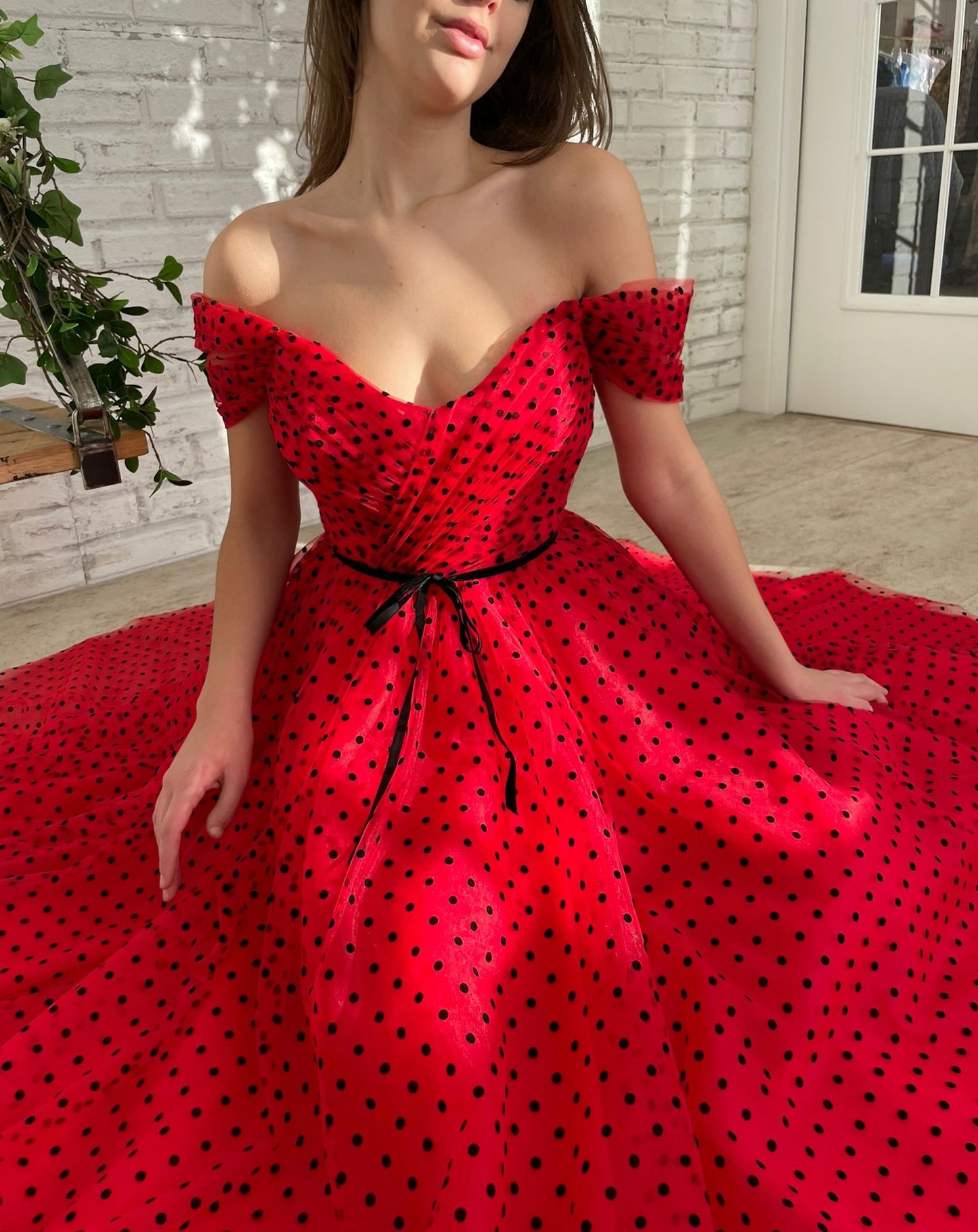 Red midi dotted dress with off the shoulder sleeves
