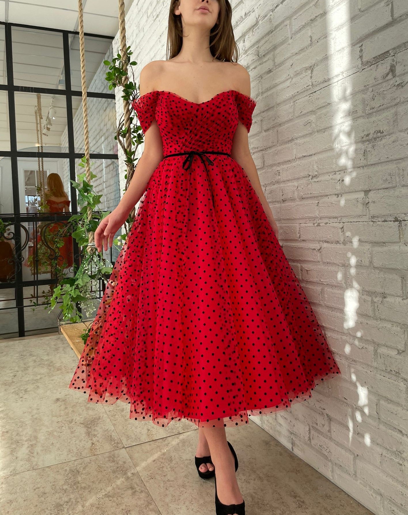 Red midi dotted dress with off the shoulder sleeves