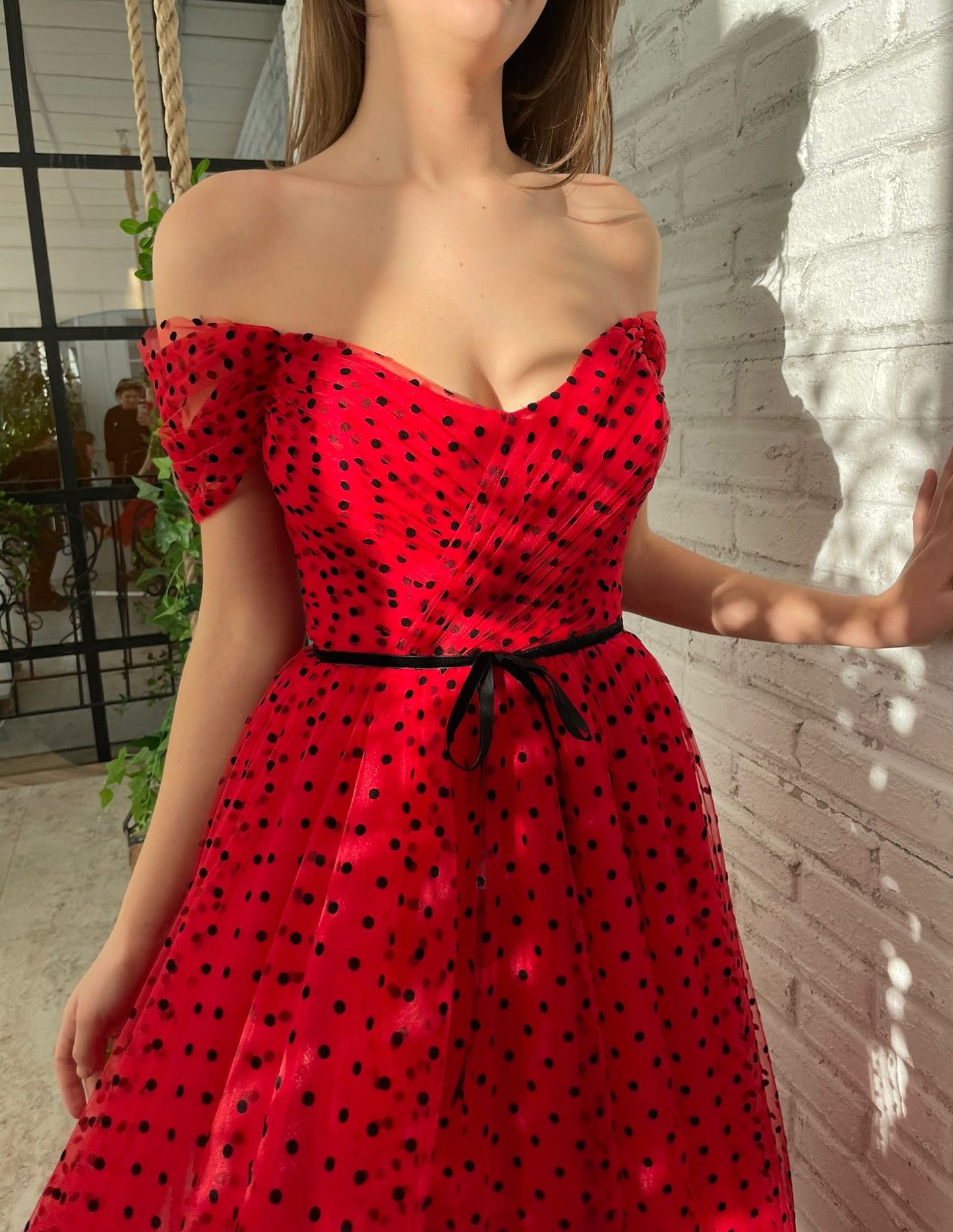 Red midi dotted dress with off the shoulder sleeves