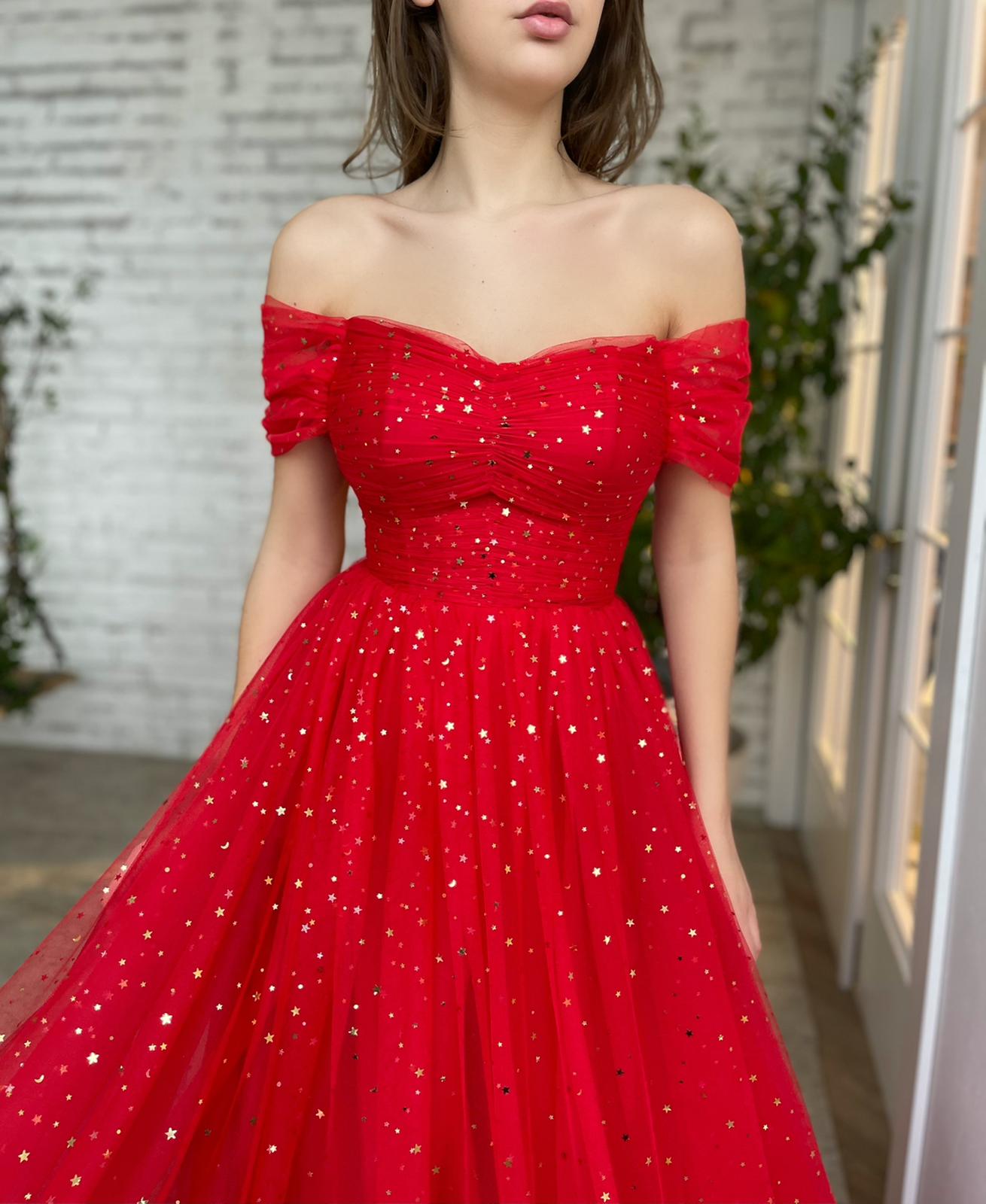 Red A-Line dress with off the shoulder sleeves and starry fabric