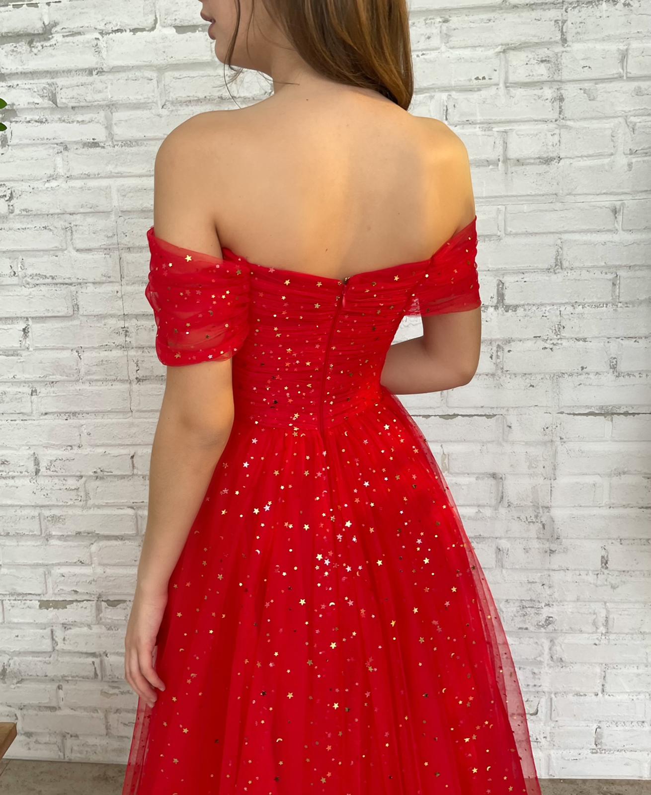 Red A-Line dress with off the shoulder sleeves and starry fabric