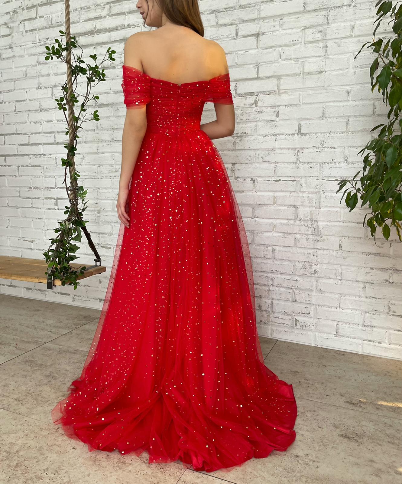 Red A-Line dress with off the shoulder sleeves and starry fabric