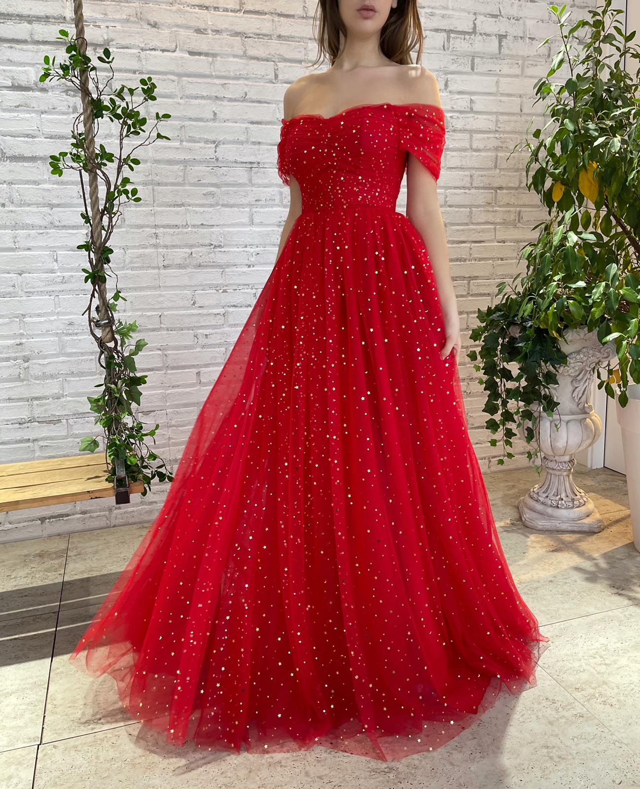 Red A-Line dress with off the shoulder sleeves and starry fabric