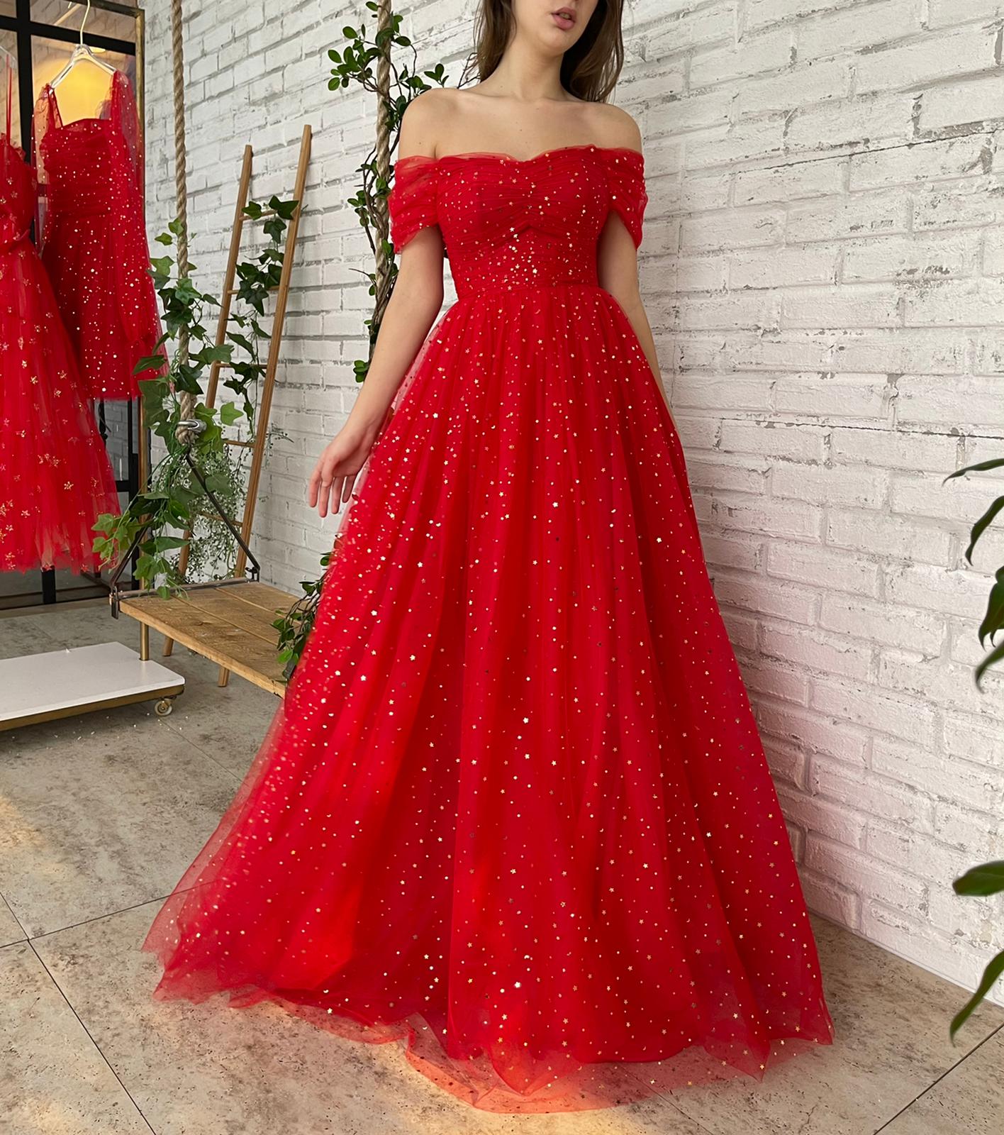 Red A-Line dress with off the shoulder sleeves and starry fabric