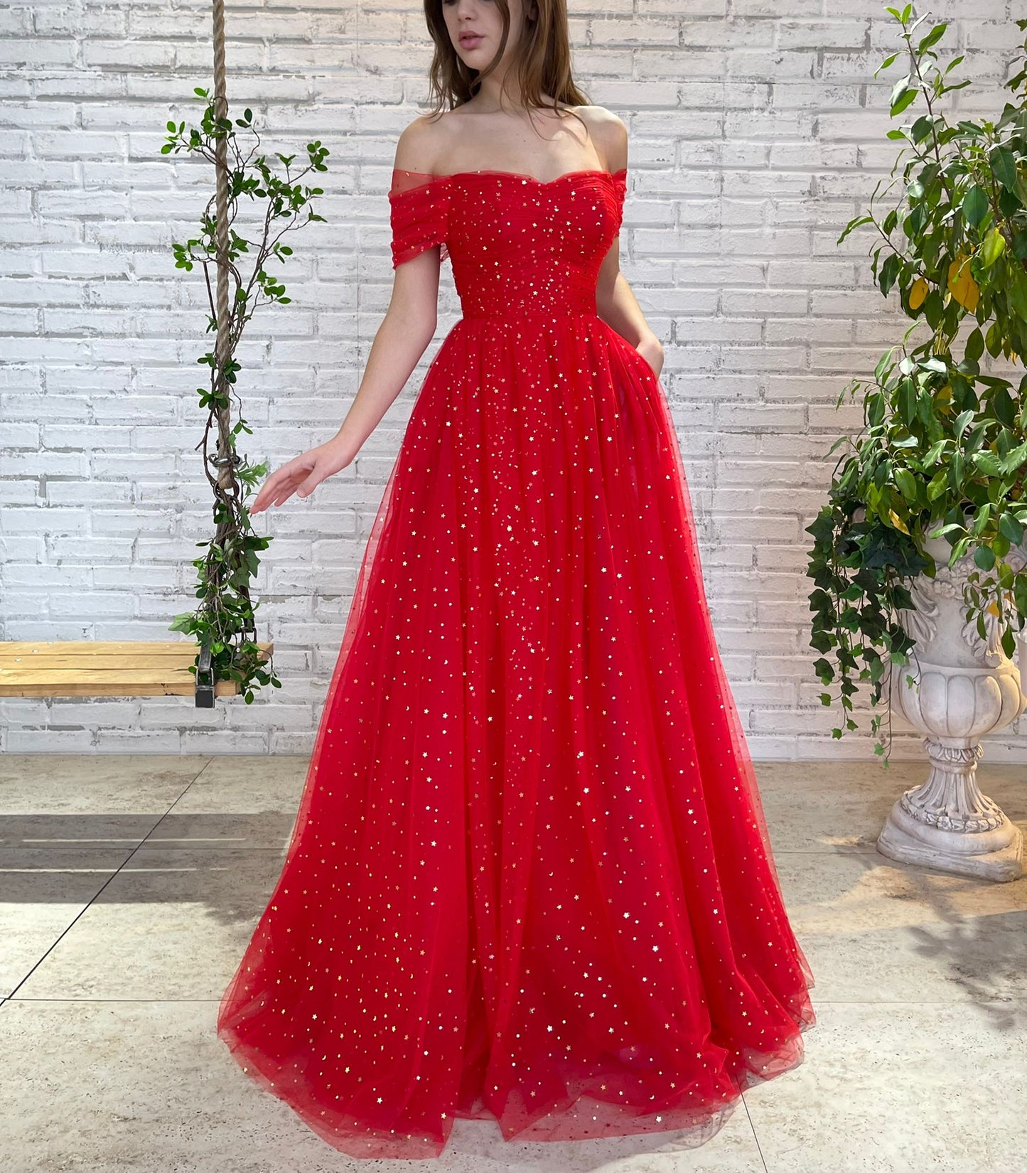 Red A-Line dress with off the shoulder sleeves and starry fabric