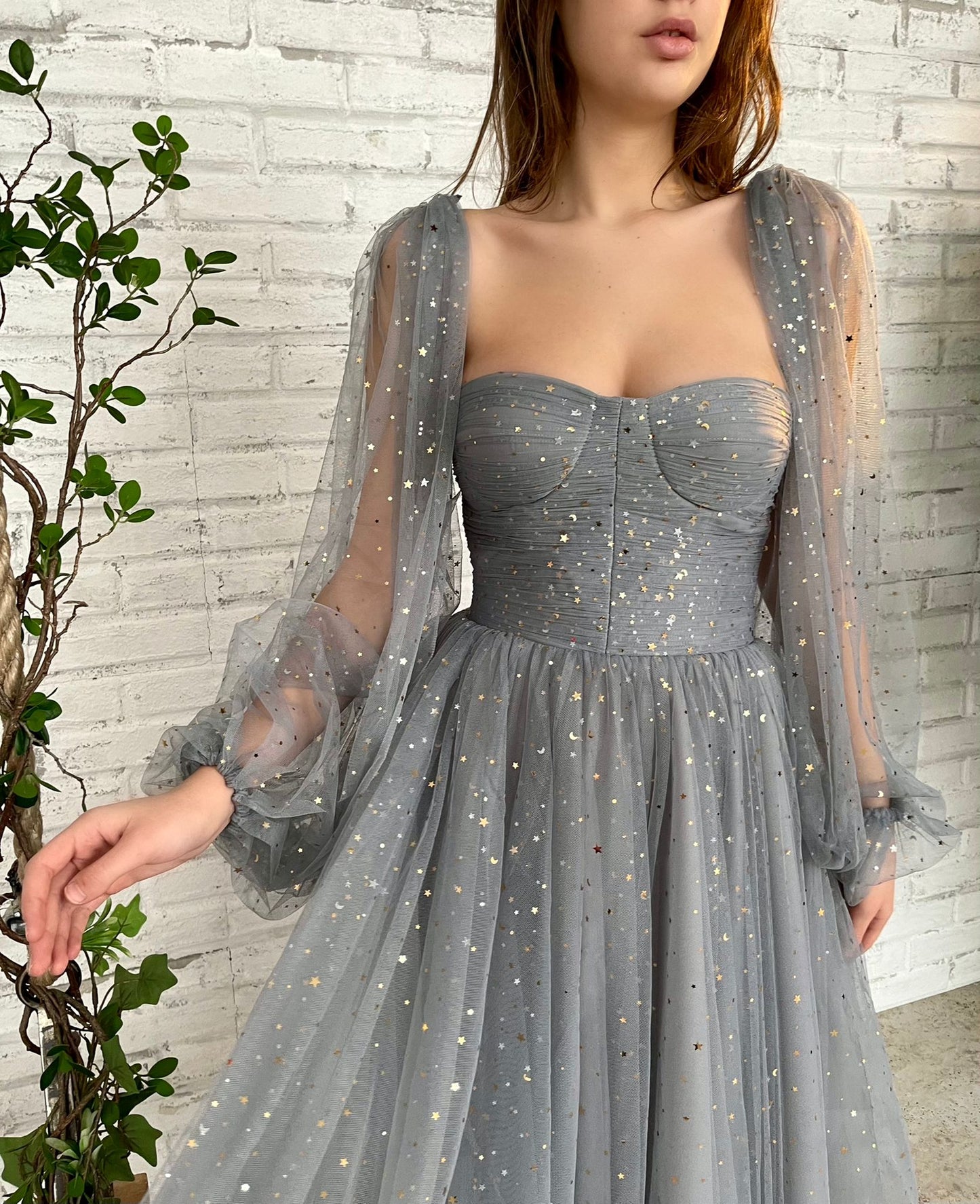 Grey midi dress with starry fabric and cape