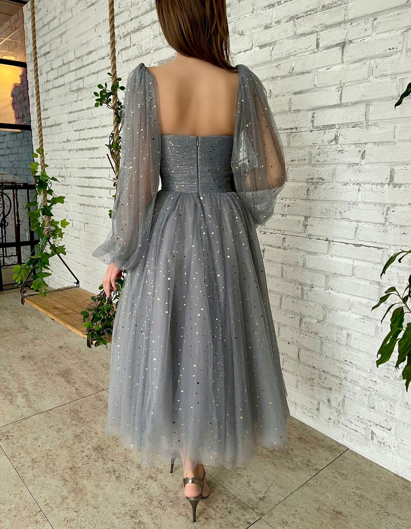 Grey midi dress with starry fabric and cape