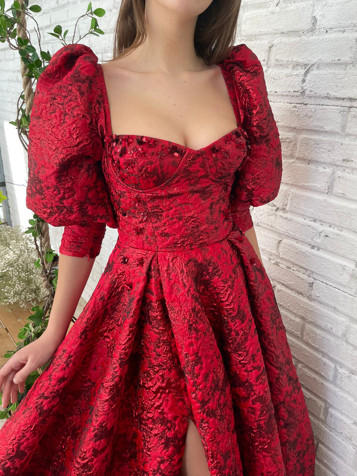 Red A-Line dress with short puff sleeves