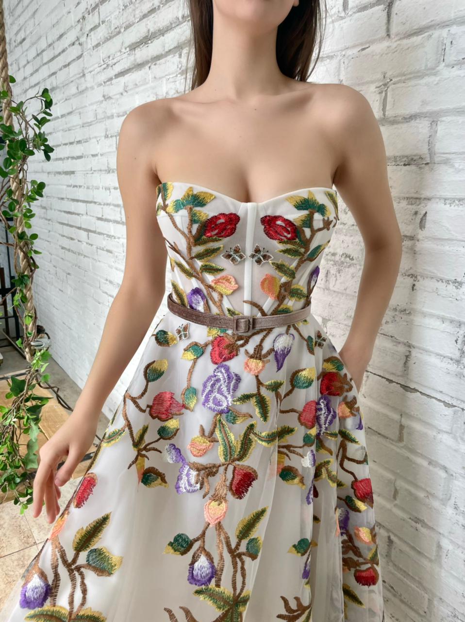White midi dress with spaghetti straps, embroidery and flowers