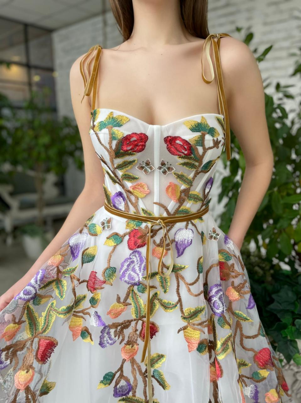 White midi dress with spaghetti straps, embroidery and flowers