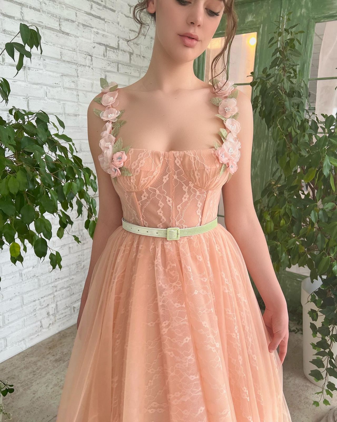 Peach midi dress with spaghetti straps, embroidery, flowers and belt