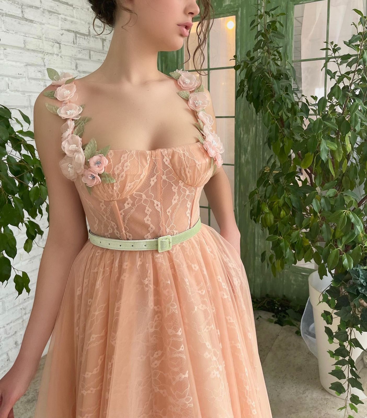 Peach midi dress with spaghetti straps, embroidery, flowers and belt