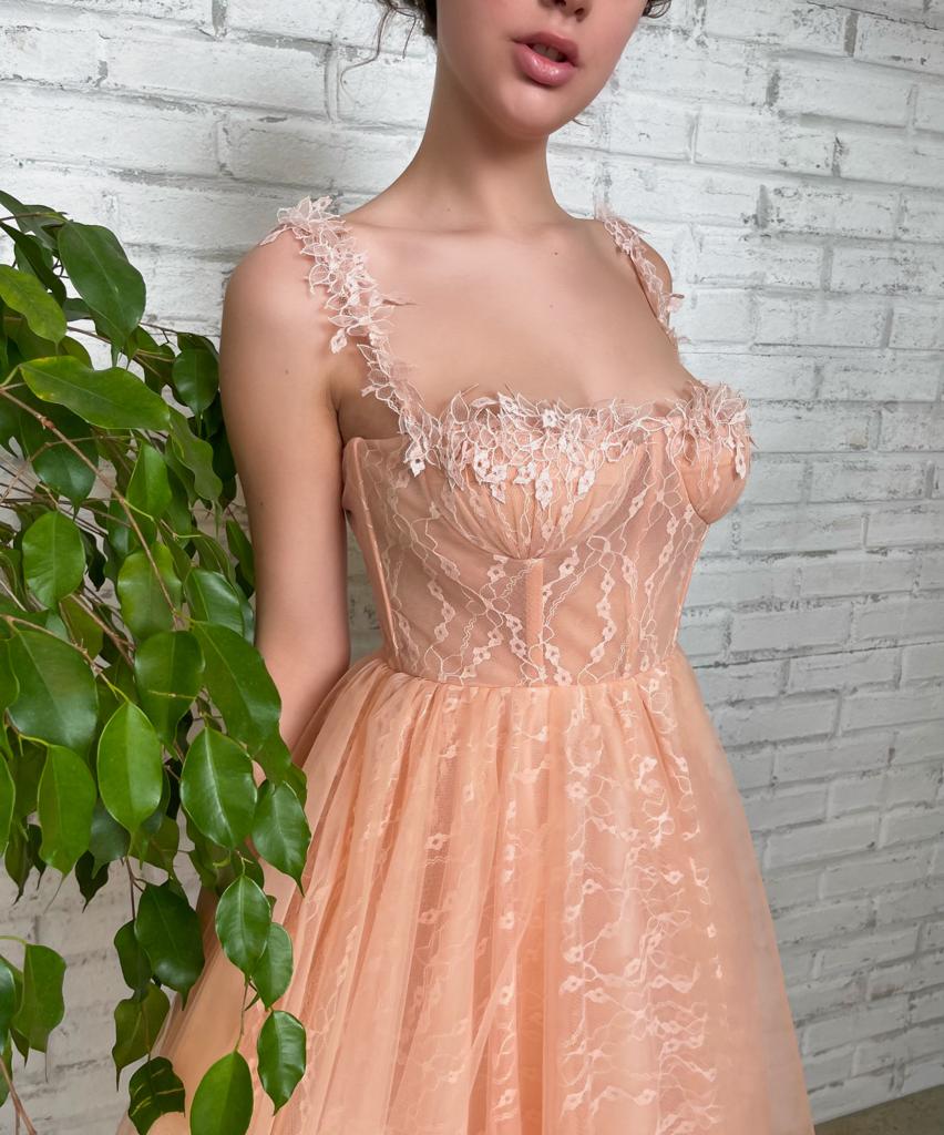 Peach midi dress with spaghetti straps and embroidery