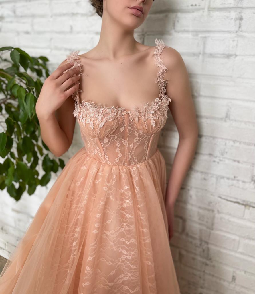 Peach midi dress with spaghetti straps and embroidery