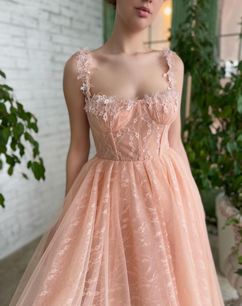 Peach midi dress with spaghetti straps and embroidery