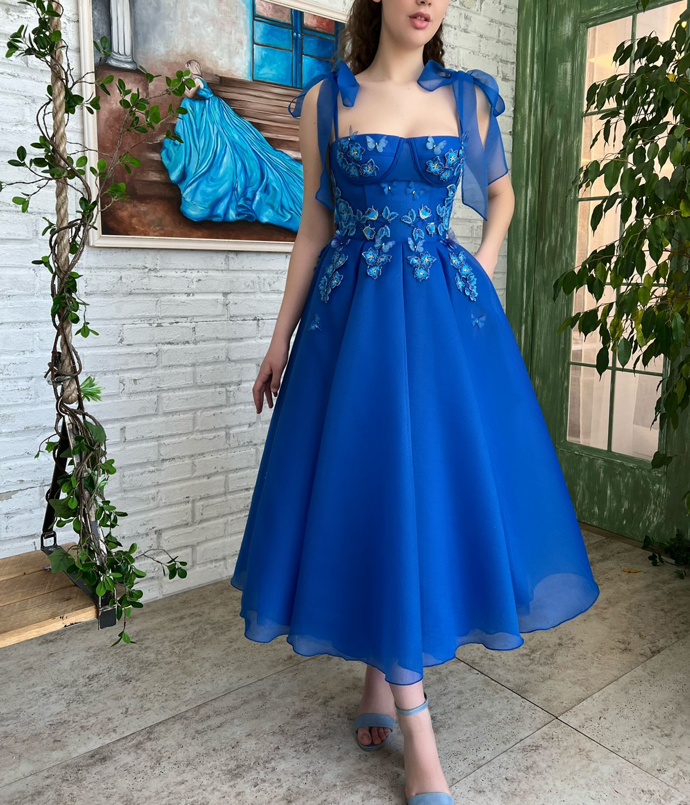 Blue midi dress with spaghetti straps, embroidery and butterflies
