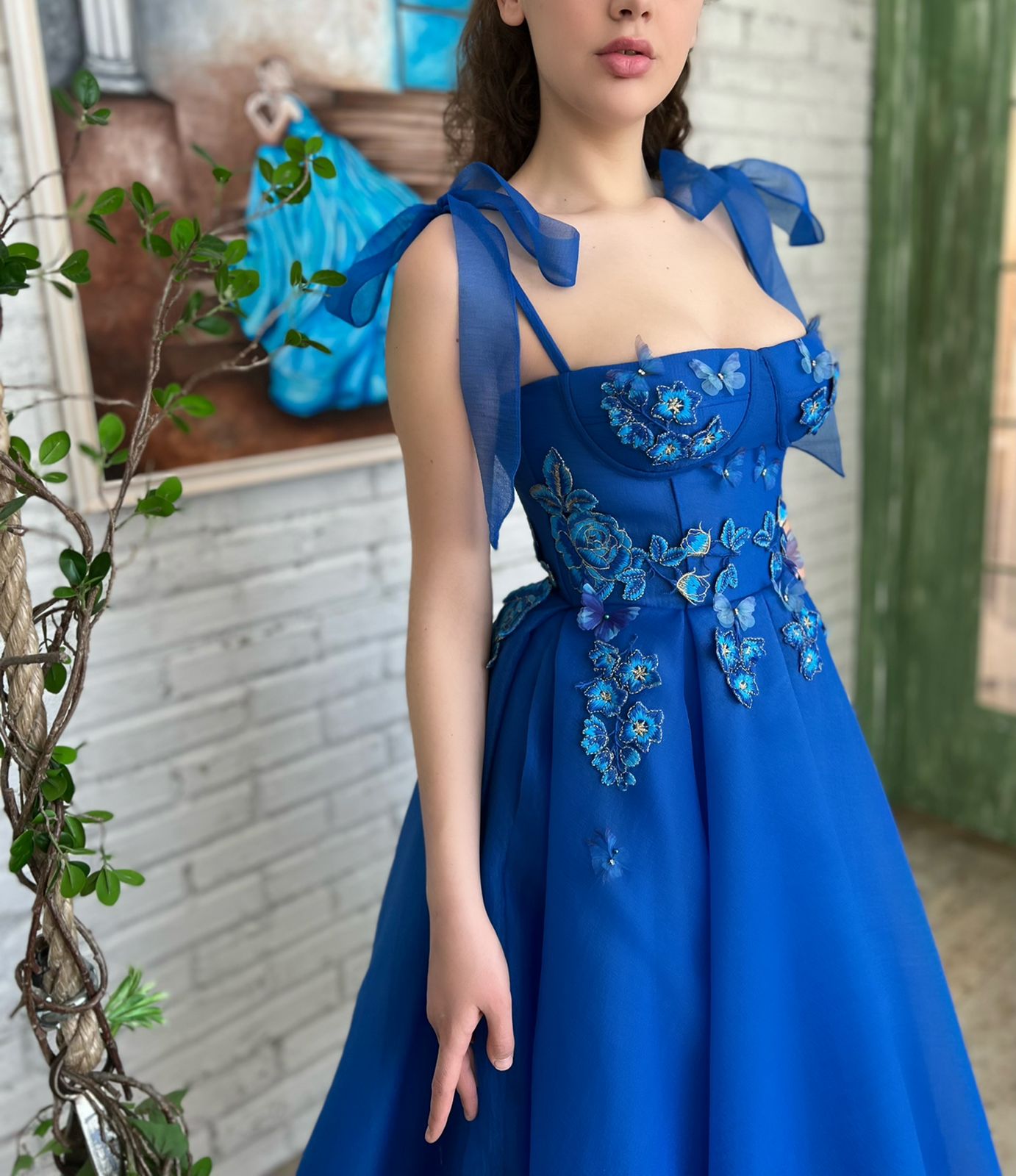 Blue midi dress with spaghetti straps, embroidery and butterflies