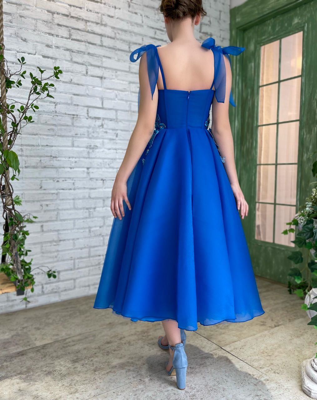 Blue midi dress with spaghetti straps, embroidery and butterflies