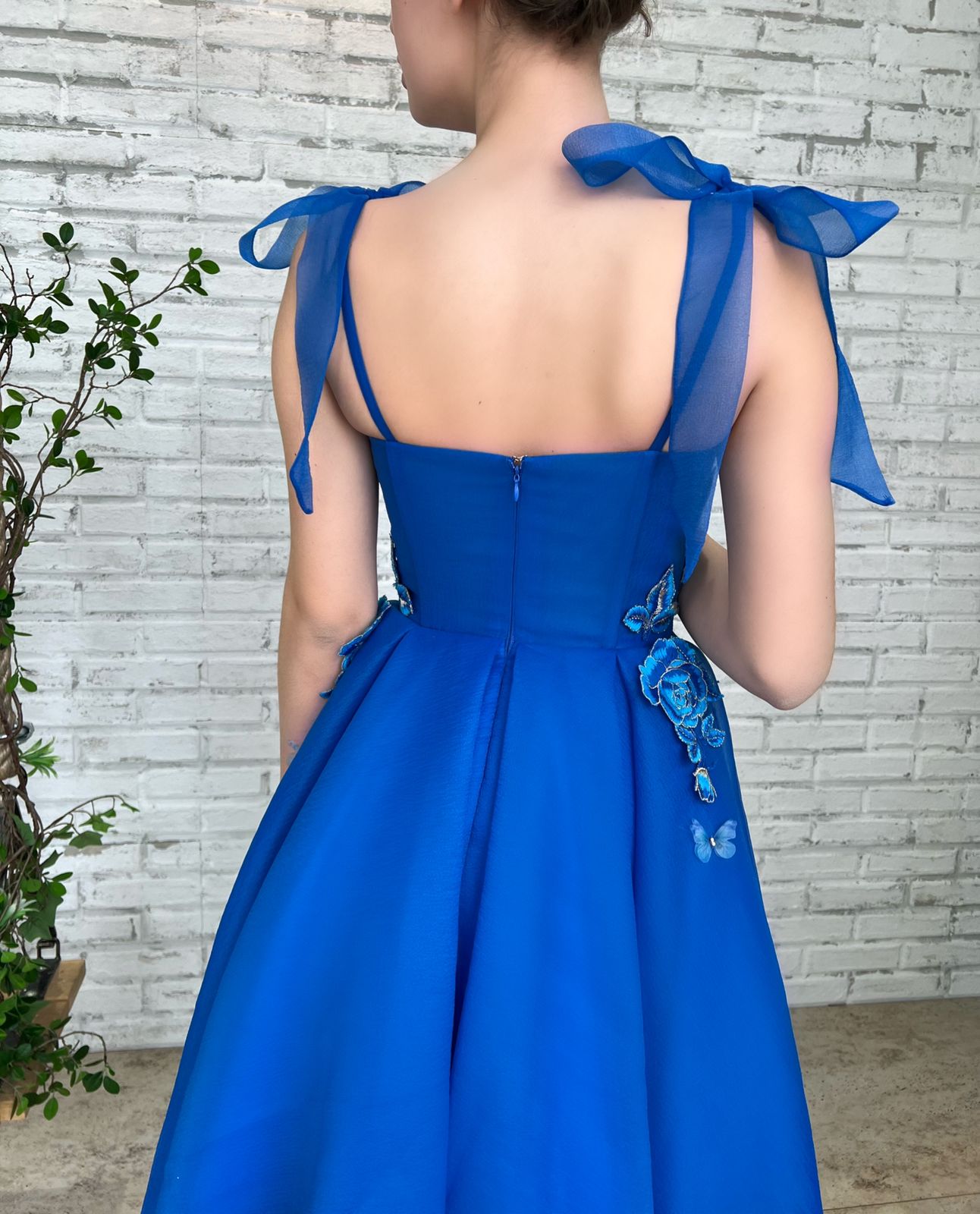 Blue midi dress with spaghetti straps, embroidery and butterflies