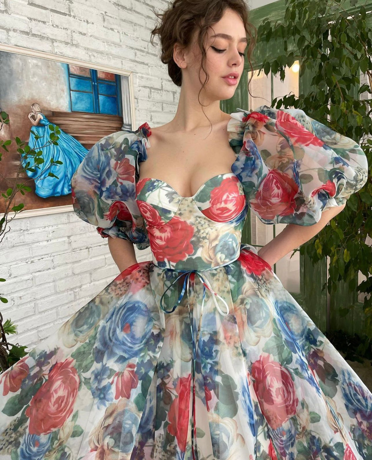 Blue and red mini dress with off the shoulder sleeves and printed flowers