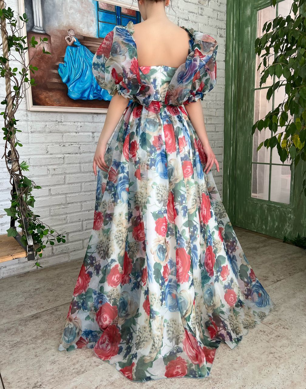 Blue and red mini dress with off the shoulder sleeves and printed flowers