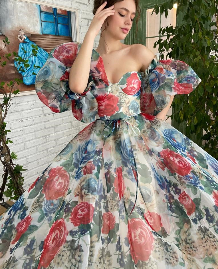 Blue and red mini dress with off the shoulder sleeves and printed flowers